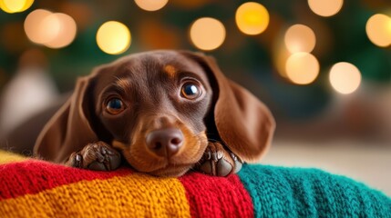 Fototapeta na wymiar An adorable dog rests cozily on a colorful blanket, exuding charm and warmth, revealing the bond between pets and their owners in a relaxed home setting.
