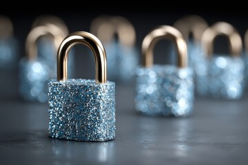 Fototapeta premium Sparkling blue padlock symbolizing security and trust against a blurred backdrop of additional locks reflecting innovative design and modern aesthetics presenting safety in a vibrant visual