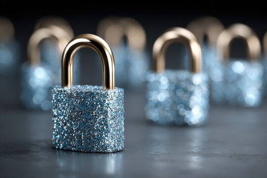 Sparkling blue padlock symbolizing security and trust against a blurred backdrop of additional locks reflecting innovative design and modern aesthetics presenting safety in a vibrant visual