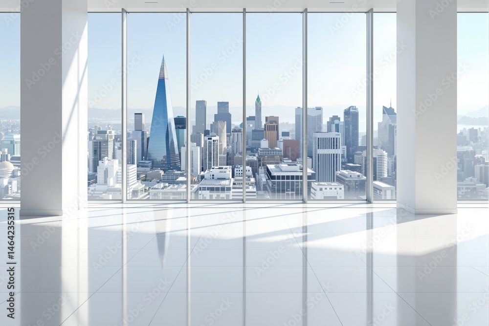 Poster spacious empty office with large floor-to-ceiling windows, modern minimalistic style, city skyline b