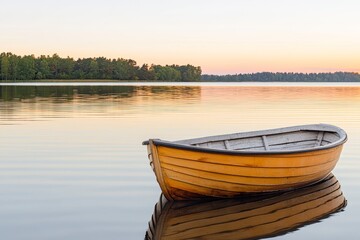 Obraz premium Serene lake with a wooden boat at sunset reflecting in calm water. Summer landscapes and scene serene, sunshine, idyllic, panoramic concept.
