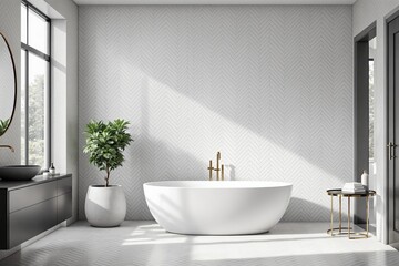 Elegant bathroom with white tub, gold fixtures, potted plant, and herringbone wall pattern in a bright interior background, concept of luxury and relaxation. Ai generative