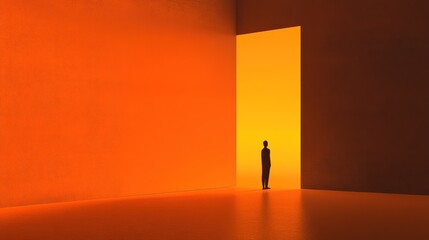 Solitary Figure at the Threshold of a Bright Orange Doorway