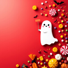 Cute ghost with wand on red background and Halloween candy
