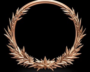 Rose gold circular laurel wreath with a central snowflake design, isolated on black background