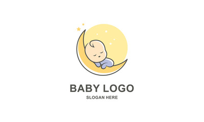 Cute Baby Mascot Logo. Sleeping Baby on Moon, Sweet Dreams Illustration. Nursery and Baby Brand Design