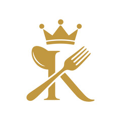 Logo design, crown icon, golden color, restaurant utensils, spoon and fork vector art illustration