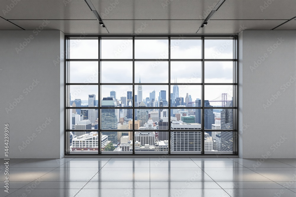 Poster empty modern office room with large glass window showing city skyline, minimalist architecture style