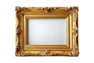 Ornate golden picture frame with intricate detailing and an empty center. Png, Transparent background.