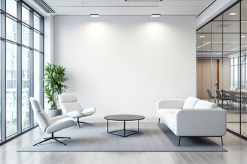 Contemporary office lounge with white sofa and chairs, minimalist style, large glass windows, indoor plant on clean background, concept of architecture. Ai generative