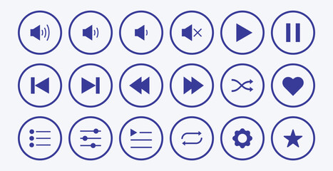 Collection of audio player control button sign design. Flat style audio player control button symbol. Play, pause, stop, repeat, back and next button icon flat design. Set of Media player icons