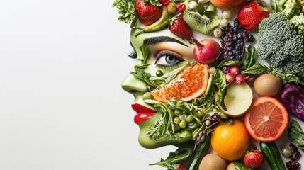 Creative portrait of a person's face adorned with assorted fresh produce.