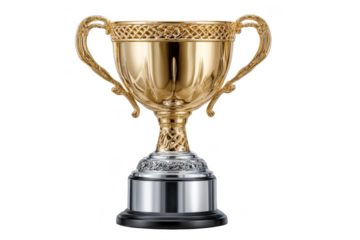 A shiny gold trophy cup with ornate handles and a metallic base. Png, Transparent background.