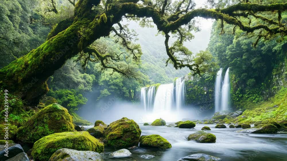 Poster long exposure of a beautiful waterfall cascading into a rocky stream, framed by mossy tree branches 