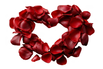 Red rose petals arranged in the shape of a heart. Png, Transparent background.
