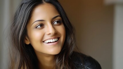Smiling multicultural woman in a portrait, radiating warmth and diversity