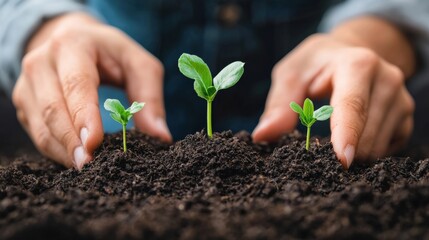 Farmer taking care of seedlings growing in fertile soil