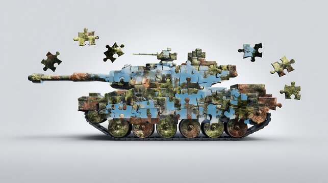 A puzzle of a tank with pieces scattered around it. Scene is one of destruction and chaos