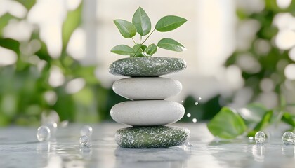 Obraz premium Serene stones stacked with a small plant sprout, amidst a tranquil, dewy setting
