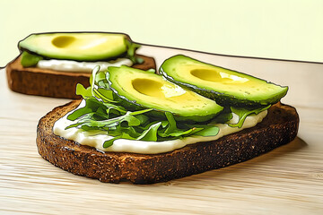 Vegan sandwich, rye bread toast, avocado slices, vegenaise sauce 
