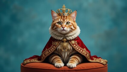 Obraz premium Majestic Orange Cat Wearing a Crown and Royal Cape Sitting on an Elegant Cushion
