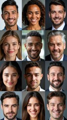 A vibrant collection of close-up headshots featuring happy individuals from various ethnicities and ages, all engaged in a professional setting, smiling confidently.