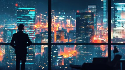 Fototapeta premium Silhouette figure gazing at a vibrant city panorama at night.