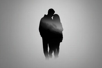 Two silhouettes of lovers in a tender embrace against a soft gray backdrop conveying deep emotional connection through gentle expressions emanating warmth and intimacy