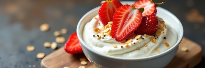 Creamy yogurt, topped with fresh strawberries, crunchy oats & chia seeds , clean eating, simple