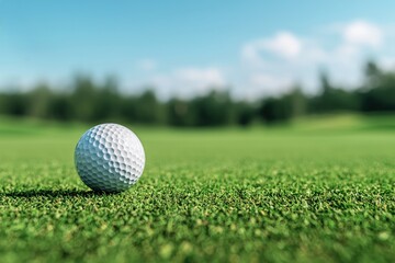 Obraz premium Golf ball resting on lush green grass of golf course on sunny day