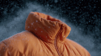 Orange winter jacket surrounded by snowflakes, creating cozy feel