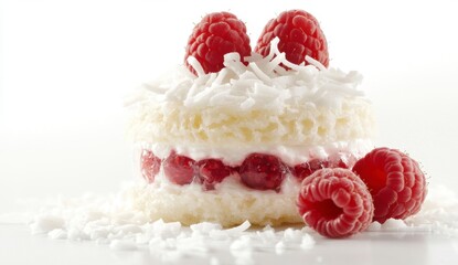 Delicious Cake with Raspberries and Coconut Flakes on White Background
