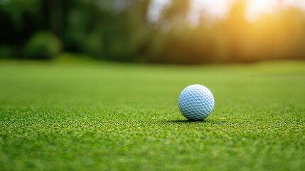 Naklejka premium Golf ball resting on lush green grass at sunset on golf course
