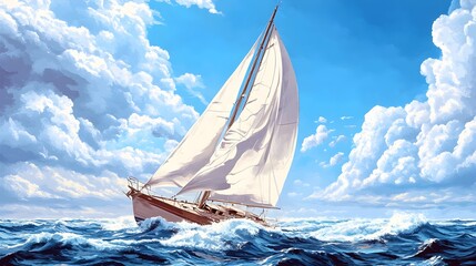 A sailboat glides across a vibrant blue sea under a dramatic, partly cloudy sky