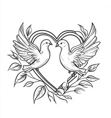 Obraz premium Two white doves with olive branches. heart-shaped doves coloring page outline drawing. wedding outline with a ribbon and leaves