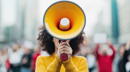 Activist shouting with megaphone leading protest in city