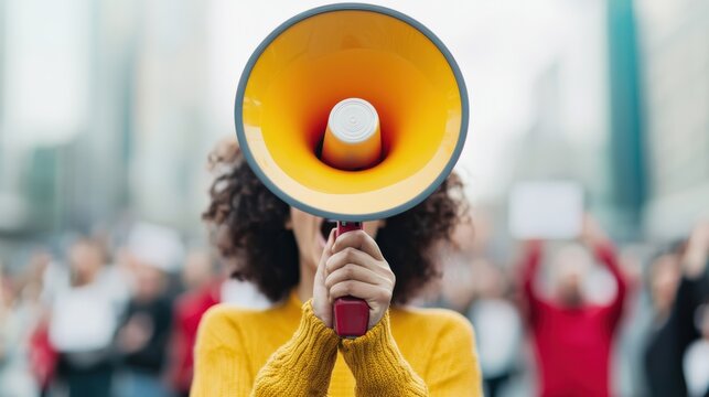 Activist shouting with megaphone leading protest in city