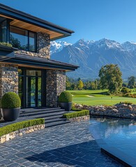 Mountain view luxury home entrance, golf course background
