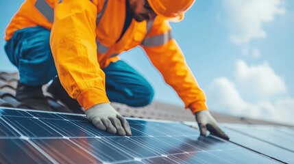 Technician installing solar panel on rooftop for renewable energy