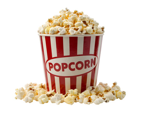 freshly popped popcorn in a classic red and white striped bucket