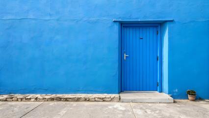 Fototapeta premium Blue door against vibrant blue wall with concrete pathway 