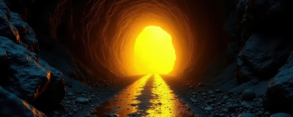 Intense yellow light pierces dark tunnel's end, hope, ray, bright light