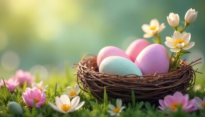 Obraz premium Pastel eggs in a spring nest, vibrant flowers , blue, delicate