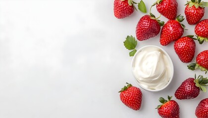 Fresh strawberries arranged around a bowl of whipped cream on a white background