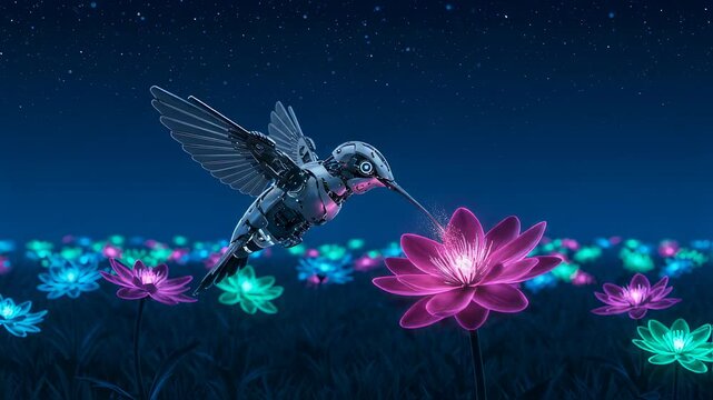 Metal hummingbird robot drinks nectar from a glowing pink flower in a field at night under a starry sky. Concept for futuristic technology and nature