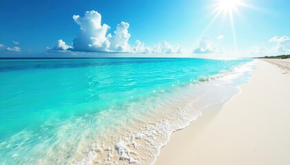 Deep turquoise ocean water meets white sandy beach under bright sun , sky, sun