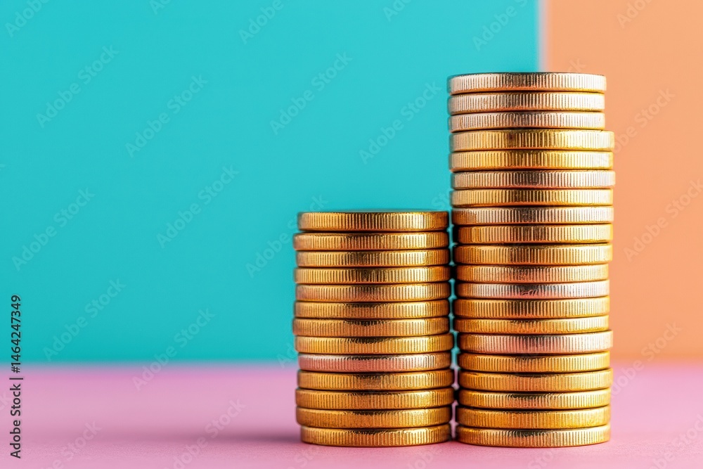 Poster stacks of gold coins showing increasing profit on colorful background