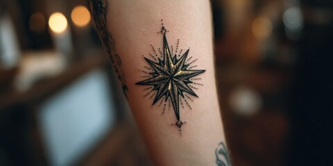 Intricate wind rose tattoo design on a forearm.