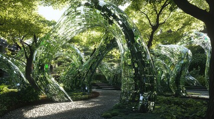 Intricate, flowing sculptures in a verdant garden path.