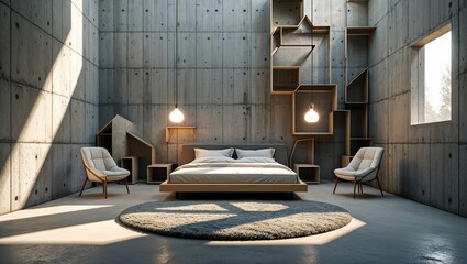 Luxury hotel bedroom interior with elegant furniture and a well-lit window